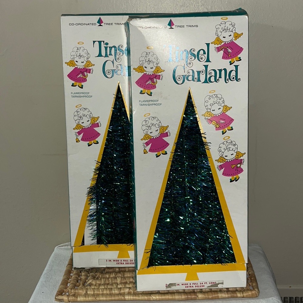 2 Vintage Tree Trims by Lidco Tinsel Garland Metallic Blue & Green
